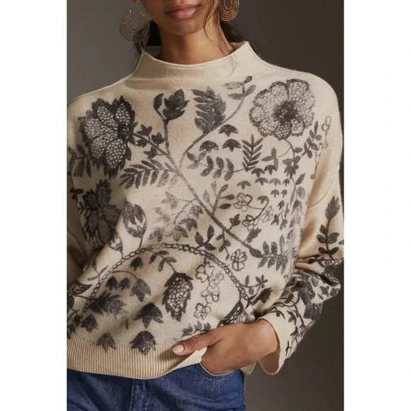 Anthropologie The Alani Cashmere Pilcro Mock-neck Sweater Beige Floral Large - Picture 2 of 16